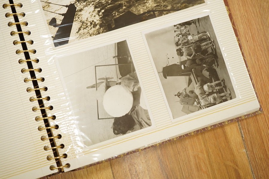 Two photograph albums containing an archive of WWII photos mainly of the RAF in Japan and the Far East, including a number of photos of RAF aircraft, aircraft carriers, Royal Naval ships, photographs of crew, military so